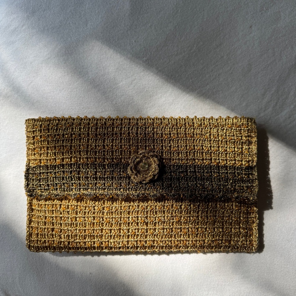 Vtg Style Gold Metallic Beaded Clutch Bag Rosette Artisan Maximalist Evening